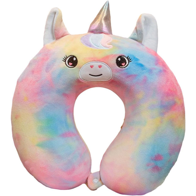 Pernă călătorie spumă cu memorie model Unicorn multicolor, formă U, 30x30 cm, vedere frontală