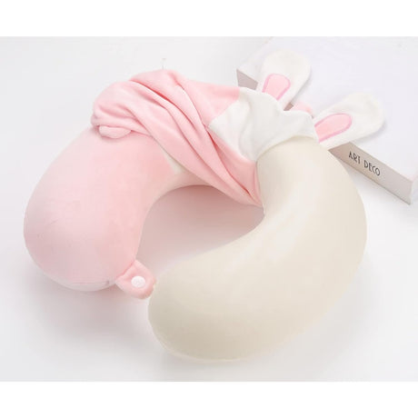 Perna de Calatorie in Forma de U, Flippy, Pentru Gat si Cap, Umplutura din Spuma cu Memorie, 30x30 cm, Model Iepuras, Accesoriu de Voiaj, Birou, Masina, Sistem Prindere Capse, Roz-Alb