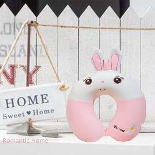 Perna de Calatorie in Forma de U, Flippy, Pentru Gat si Cap, Umplutura din Spuma cu Memorie, 30x30 cm, Model Iepuras, Accesoriu de Voiaj, Birou, Masina, Sistem Prindere Capse, Roz-Alb