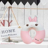 Perna de Calatorie in Forma de U, Flippy, Pentru Gat si Cap, Umplutura din Spuma cu Memorie, 30x30 cm, Model Iepuras, Accesoriu de Voiaj, Birou, Masina, Sistem Prindere Capse, Roz-Alb