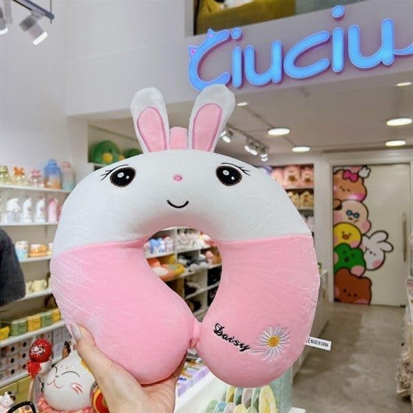 Perna de Calatorie in Forma de U, Flippy, Pentru Gat si Cap, Umplutura din Spuma cu Memorie, 30x30 cm, Model Iepuras, Accesoriu de Voiaj, Birou, Masina, Sistem Prindere Capse, Roz-Alb