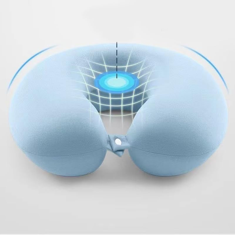 Perna de Calatorie in Forma de U, Flippy, Pentru Gat si Cap, Umplutura din Spuma cu Memorie, 30x30 cm, Sistem Prindere Capse, Cutie de Depozitare, Bleu