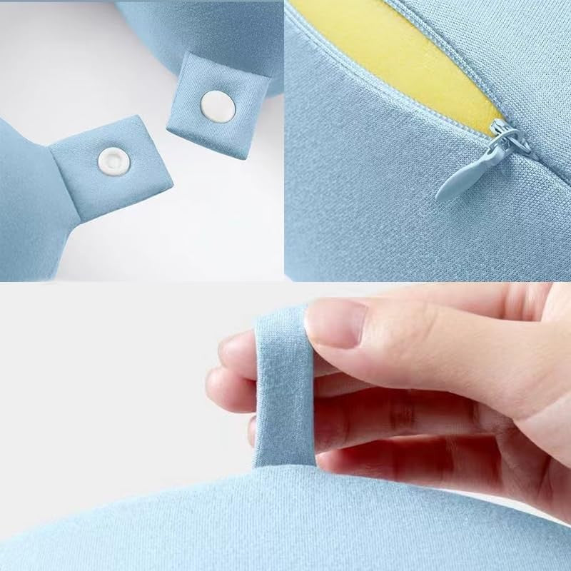 Perna de Calatorie in Forma de U, Flippy, Pentru Gat si Cap, Umplutura din Spuma cu Memorie, 30x30 cm, Sistem Prindere Capse, Cutie de Depozitare, Bleu