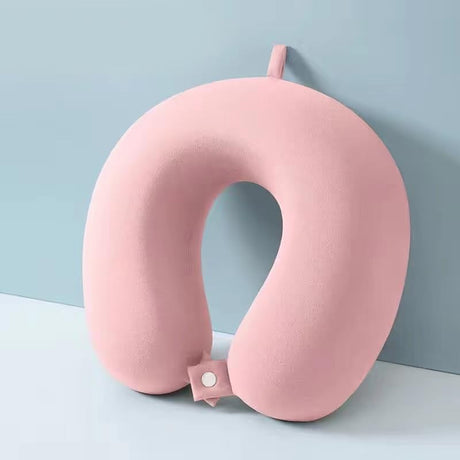 Perna de Calatorie in Forma de U, Flippy, Pentru Gat si Cap, Umplutura din Spuma cu Memorie, 30x30 cm, Sistem Prindere Capse, Cutie de Depozitare, Roz