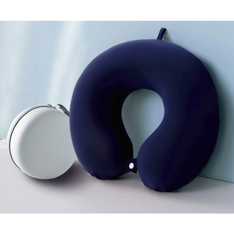 Perna de Calatorie in Forma de U, Flippy, Pentru Gat si Cap, Umplutura din Spuma cu Memorie, 30x30 cm, Sistem Prindere Capse, Cutie de Depozitare, Albastru Marin
