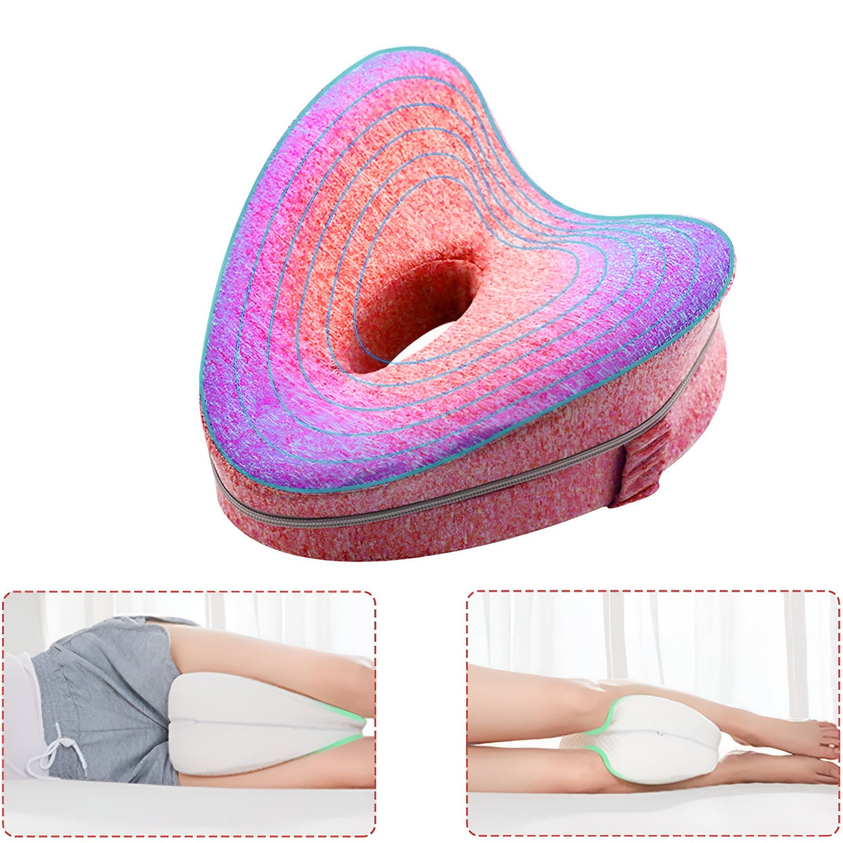 Perna Ortopedica pentru Picioare, Vivimall, Multifunctionala, Confortabilă, in Forma de Inima, Spuma cu Memorie, Curea Anti-cadere, 25x23x13 cm, Roz - vivimall.ro