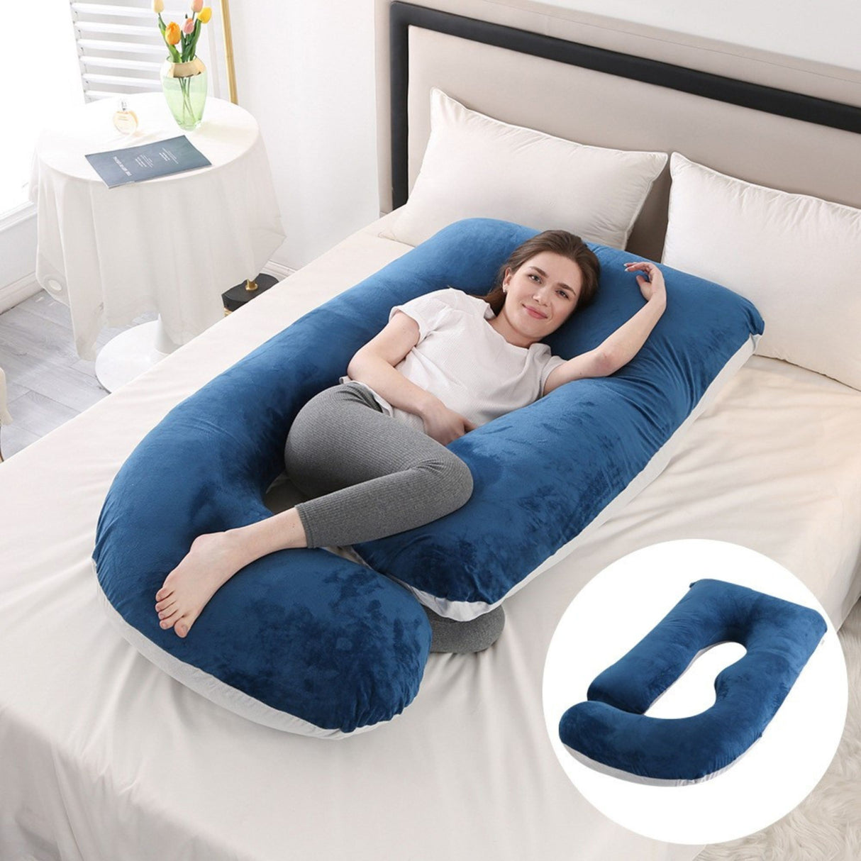 Perna pentru Gravide, Flippy, Perna de Sarcina, Detasabila si Lavabila, Ergonomica Tip J, Captuseala din Poliester, 155 x 75 x 60 cm, Bleumarin/Gri deschis - vivimall.ro