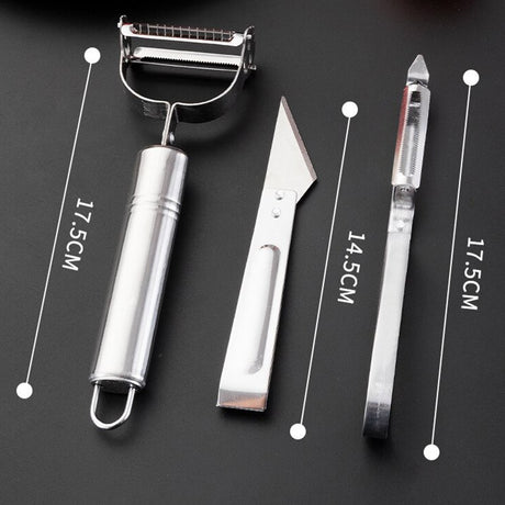 Accesorii de Curatat Decojit Fructe Legume, Vivimall, Set 3 Piese, Feliator Cutit Decojitor, Legume si Fructe, din Otel Inoxidabil, cu Maner, Argintiu