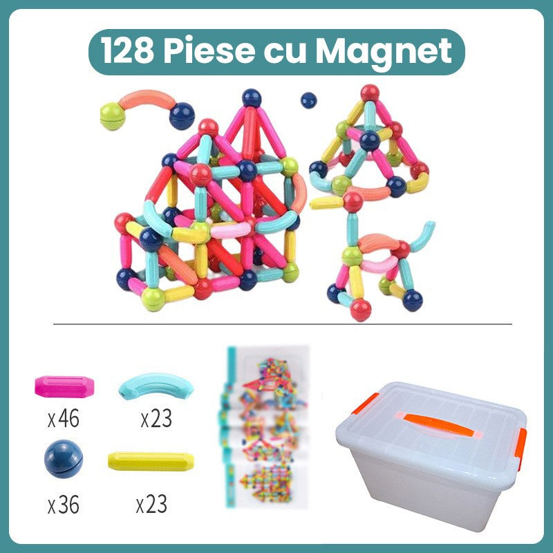 Piese Magnetice pentru Copii, Flippy, Set din 128 de Piese de diferite Culori, Constructor Magnetic cu Posibilitatea de a Construii forme Nelimitate, Multicolor - vivimall.ro