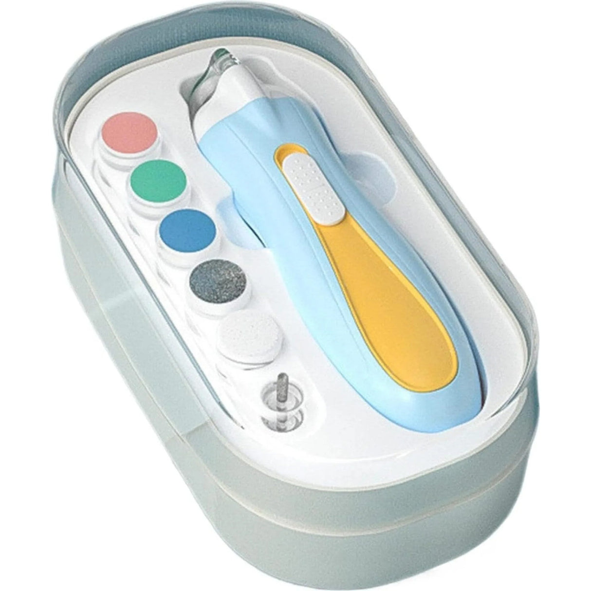 Pila Electrica, Vivimall, pentru Copii si Bebelusi, din ABS, 6 Accesorii, cu Lumina LED, 9.5 x 6 x 17 cm, Albastru/Portocaliu