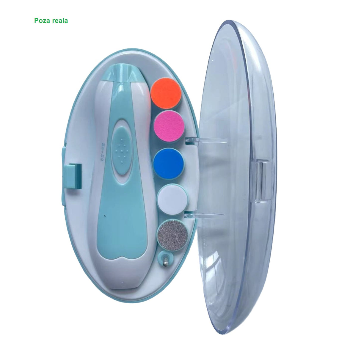 Pila Electrica Unghii pentru Bebelusi, Flippy, 6 Piese, 15 x 4.5 x 3 cm, Silentios, 0-3 Ani, 4 Trepte de Viteza, Albastru