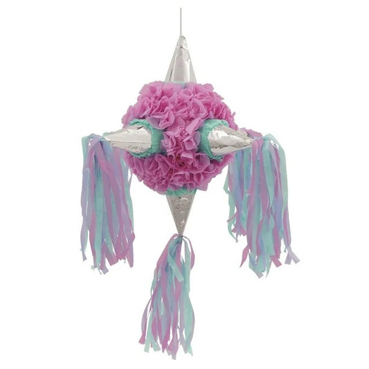 Pinata Rotunda pentru Petrecere, Vivimall, Detalii Argintii, din Hartie si Carton, Pinata pentru Copii, 76 x 50 x 50 cm, Roz - vivimall.ro