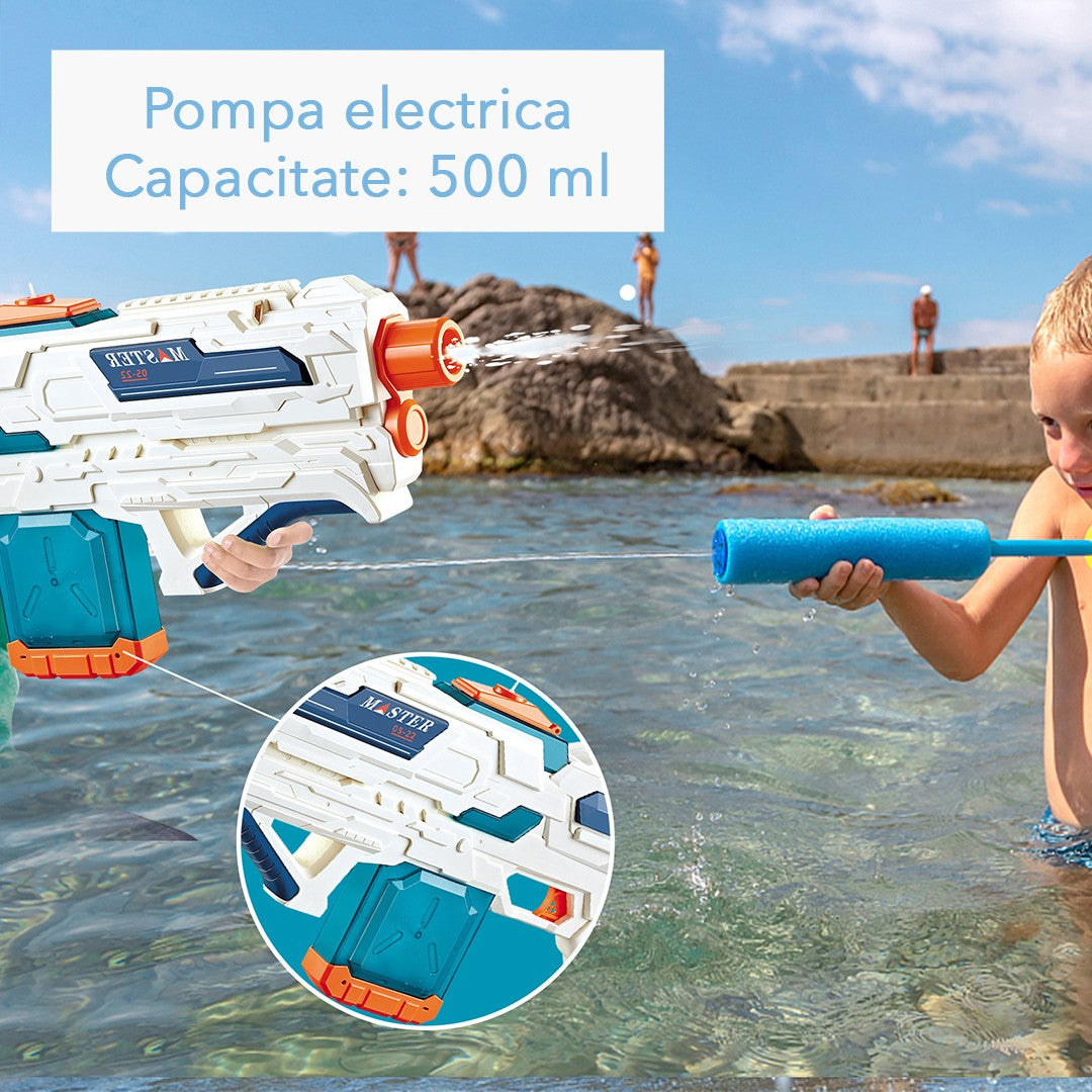 Pistol cu Apa pentru Copii 14+ ani, Vivimall, Rezervor 600ml, cu baterie 1200mAh, Electric Burst, Alb/Albastru - vivimall.ro