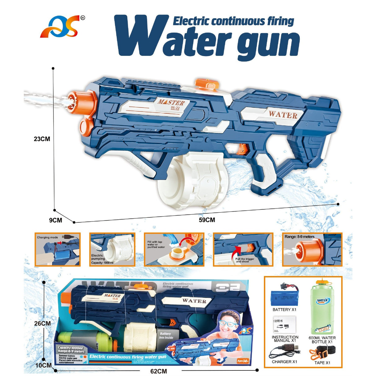 Pistol Cu Apa Pentru Copii, Rezervor 600Ml, 14Ani+, Cu Baterie 1200Mah, Electric Burst, Albastru/Alb, 1000Ml - vivimall.ro