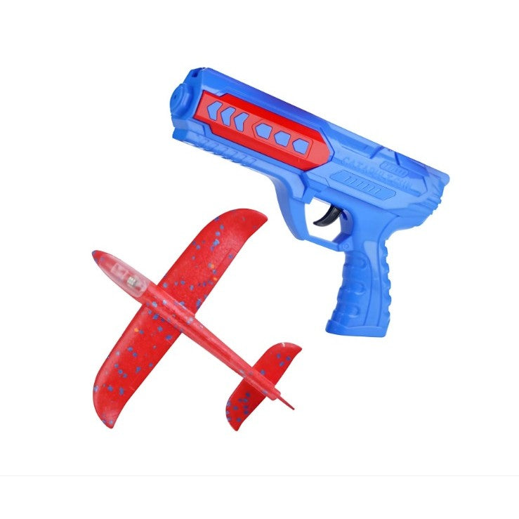 Pistol cu Lansator de Avion, Vivimall, din Polistiren+Plastic, +3 Ani, Avion 24 cm, Lansare 10 m, cu Lumini, Albastru/Rosu