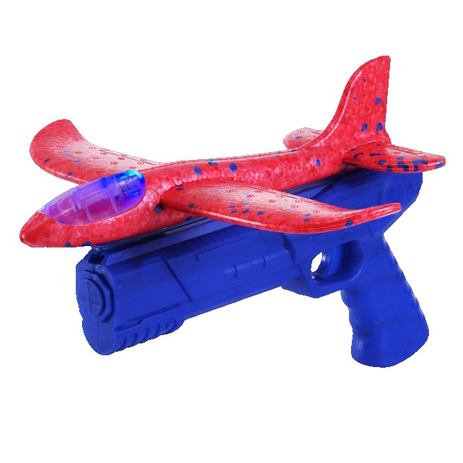 Pistol cu Lansator de Avion, Vivimall, din Polistiren+Plastic, +3 Ani, Avion 24 cm, Lansare 10 m, cu Lumini, Albastru/Rosu
