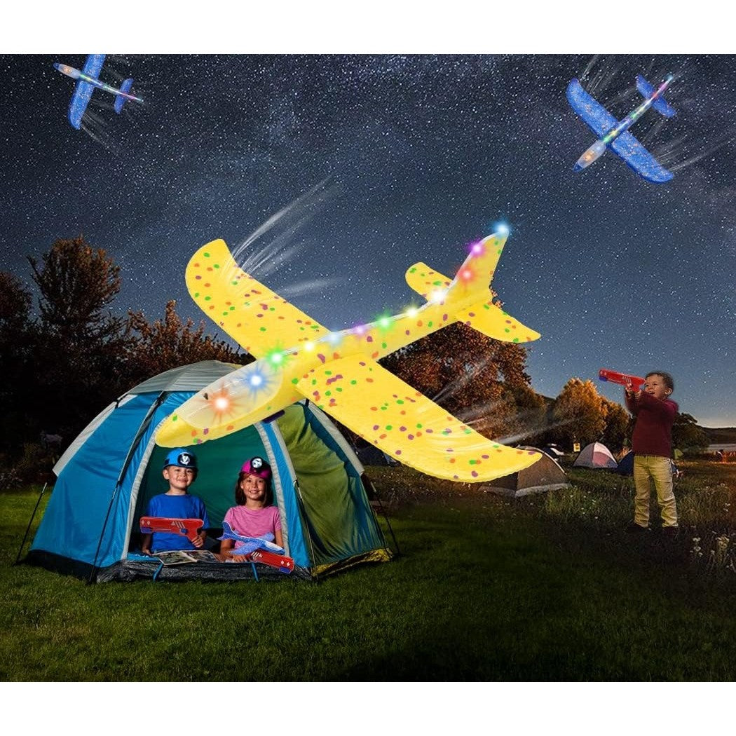 Pistol cu Lansator de Avion, Vivimall, din Polistiren+Plastic, +3 Ani, Avion 38 cm, Lansare 10 m, cu Lumini si Roti, Galben/Albastru - vivimall.ro