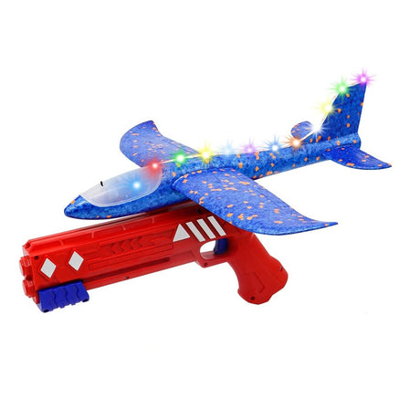 Pistol Cu Lansator De Avion, Din Polistiren+Plastic, +3 Ani, Avion 38 Cm, Lansare 10 M, Cu Lumini Si Roti, Rosu/ - vivimall.ro