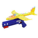Pistol cu Lansator de Avion, Vivimall, din Polistiren+Plastic, +3 Ani, Avion 38 cm, Lansare 10 m, cu Lumini si Roti, Galben/Albastru - vivimall.ro