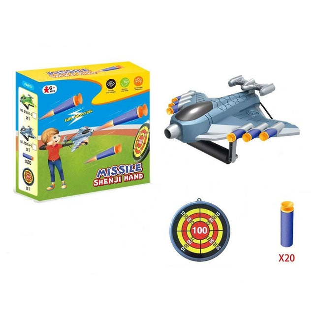 Jucaruie cu Lansator pentru Copii, Vivimall, Lanseaza Manual, Tinta, Avion, 20 de Gloante din Material Moale, Joc Interactiv, 24x23.5x6.3 cm, Gri - vivimall.ro