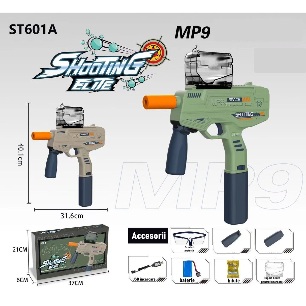 Mitraliera De Jucarie Electrica Cu Bile De Hidrogen De Gel, Gun Bluster, Tragere In Rafala, Varsta Peste 6 Ani, Ochelari De Protectie, 5000 De Bile Incluse, Cablu De Incarcare, Mp9, Crem - vivimall.ro