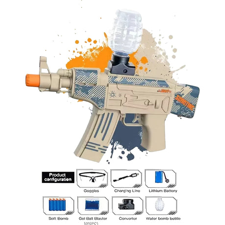 Mitraliera De Jucarie Electrica Cu Bile De Hidrogen De Gel, Gun Bluster, Tragere In Rafala, Varsta Peste 6 Ani, Ochelari De Protectie, 5000 De Bile Incluse, Cablu De Incarcare, Ak47, Crem - vivimall.ro