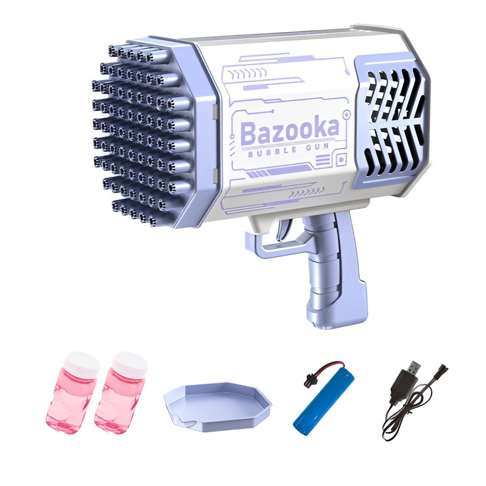 Pistol pentru Baloane de Sapun, Vivimall, 69 de Gauri, Lumini Colorate, Tavita, Lichid, Baterie de Li, Cablu de Incarcare, 24cm x 14cm x 24cm, Mov - vivimall.ro