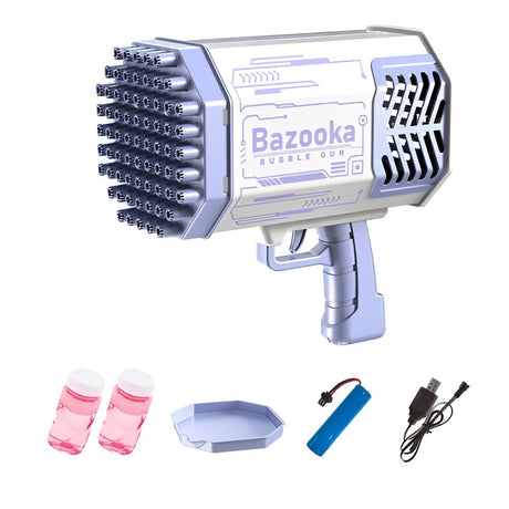 Pistol pentru Baloane de Sapun, Vivimall, 69 de Gauri, Lumini Colorate, Tavita, Lichid, Baterie de Li, Cablu de Incarcare, 24cm x 14cm x 24cm, Mov - vivimall.ro