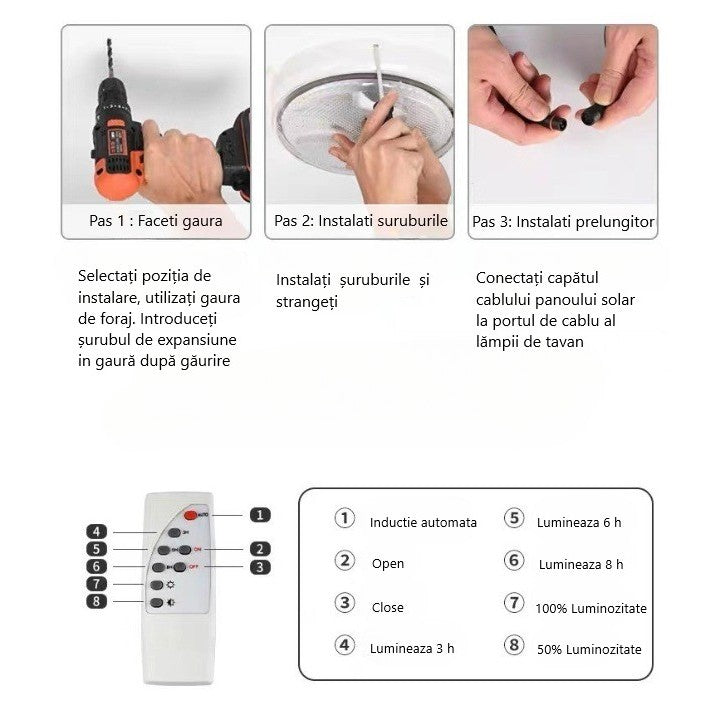 Plafoniera solara Flippy, 200 W, diametru 320 MM, cu telecomanda, Lungime prelungitor: 4.6 m, alb rece