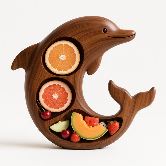 Platou pentru Servire, Vivimall, in Forma de Delfin, 3 Compartimente pentru Mezeluri, Branzeturi, Snacksuri, Fructe, Design Artistic, din Lemn Masiv, 26 x 25 x 4 cm, Maro Natur - vivimall.ro