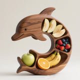 Platou pentru Servire, Flippy, in Forma de Delfin, 4 Compartimente pentru Mezeluri, Branzeturi, Snacksuri, Fructe, Design Artistic, din Lemn Masiv, 26 x 25 x 4 cm, Maro Natur - vivimall.ro