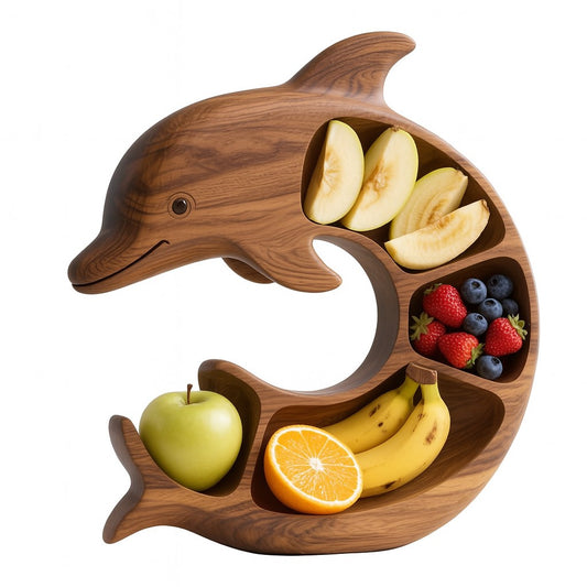 Platou pentru Servire, Vivimall, in Forma de Delfin, 4 Compartimente pentru Mezeluri, Branzeturi, Snacksuri, Fructe, Design Artistic, din Lemn Masiv, 26 x 25 x 4 cm, Maro Natur - vivimall.ro