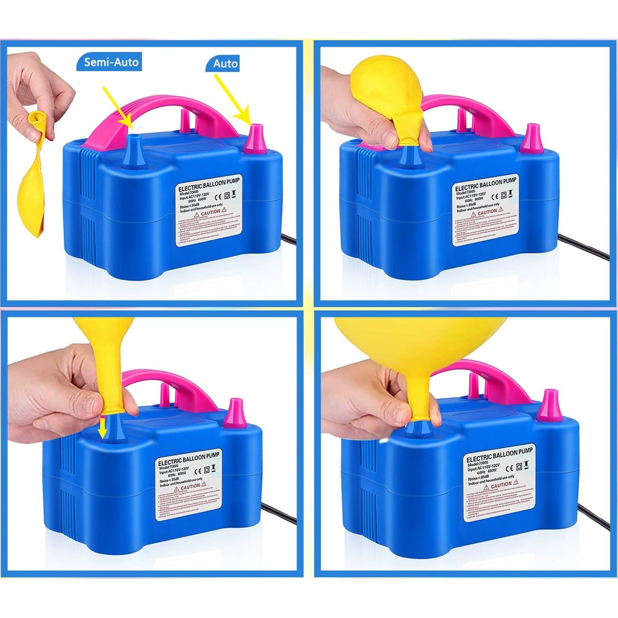 Pompa Electrica Pentru Umflat Baloane, 600 W, Doua Capete de Umflat, din Plastic, 19.5 x 14 x 13 cm, Albastru/Roz