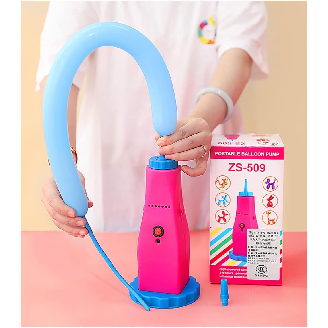 Pompa Electrica Pentru Umflat Baloane, din Plastic, cu Acumulator, Autonomie 3-4h, Portabila, Roz