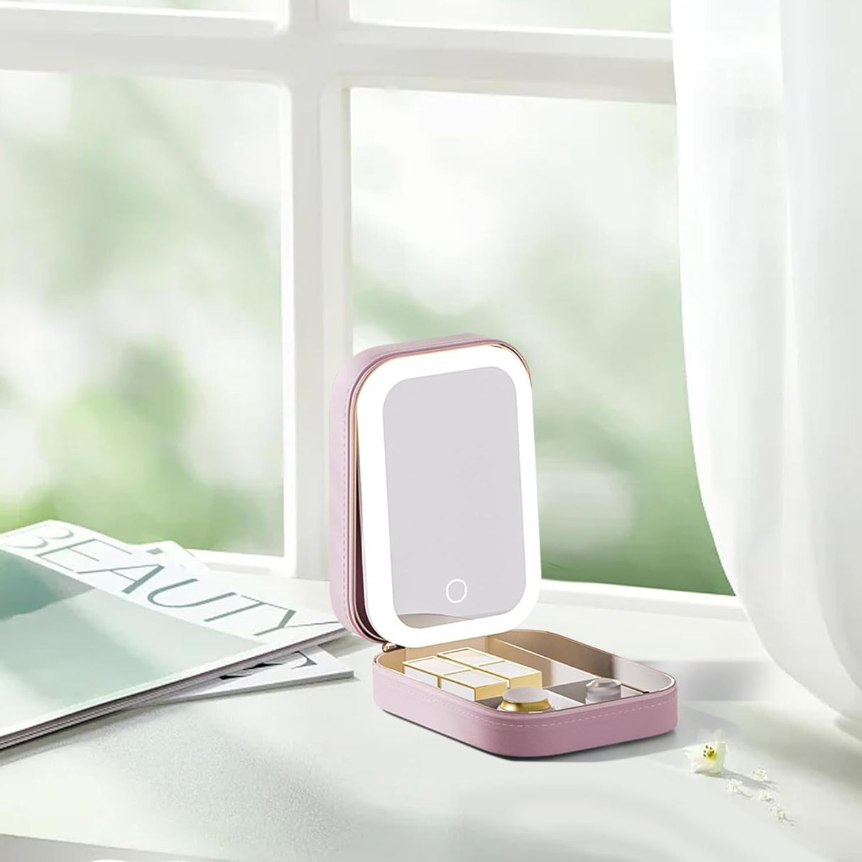 Portfard, Geanta Cosmetice, Cu Oglinda Led, 3 Moduri De Lumina, Incarcare Usb, Baterie 1200 Mah, Pentru Organizarea Cosmeticelor, 4 Compartimente, Imitatie Piele