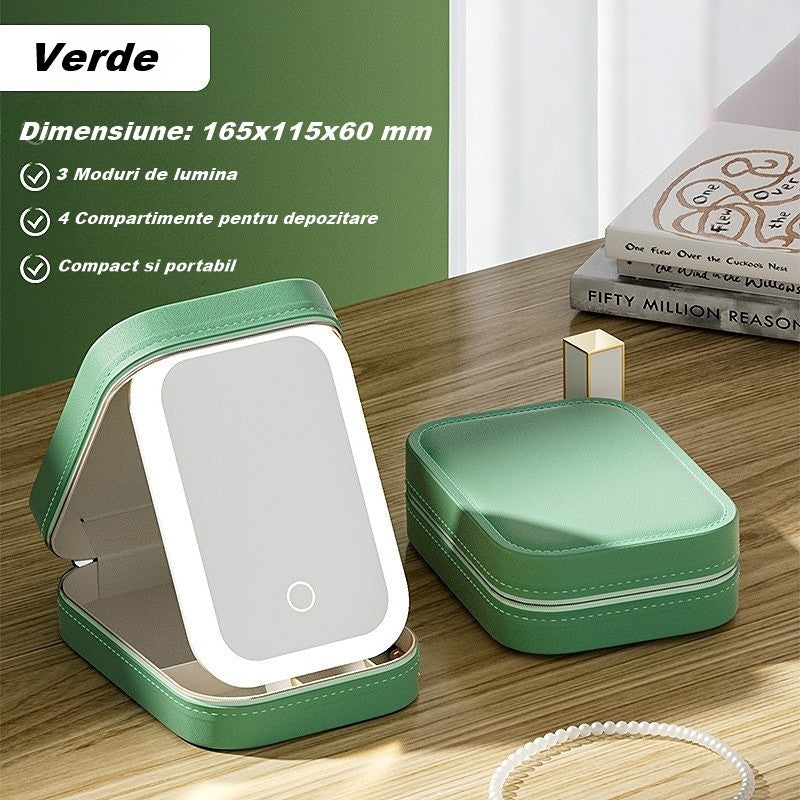 Portfard, Geanta Cosmetice, Cu Oglinda Led, 3 Moduri De Lumina, Incarcare Usb, Baterie 1200 Mah, Pentru Organizarea Cosmeticelor, 4 Compartimente, Imitatie Piele