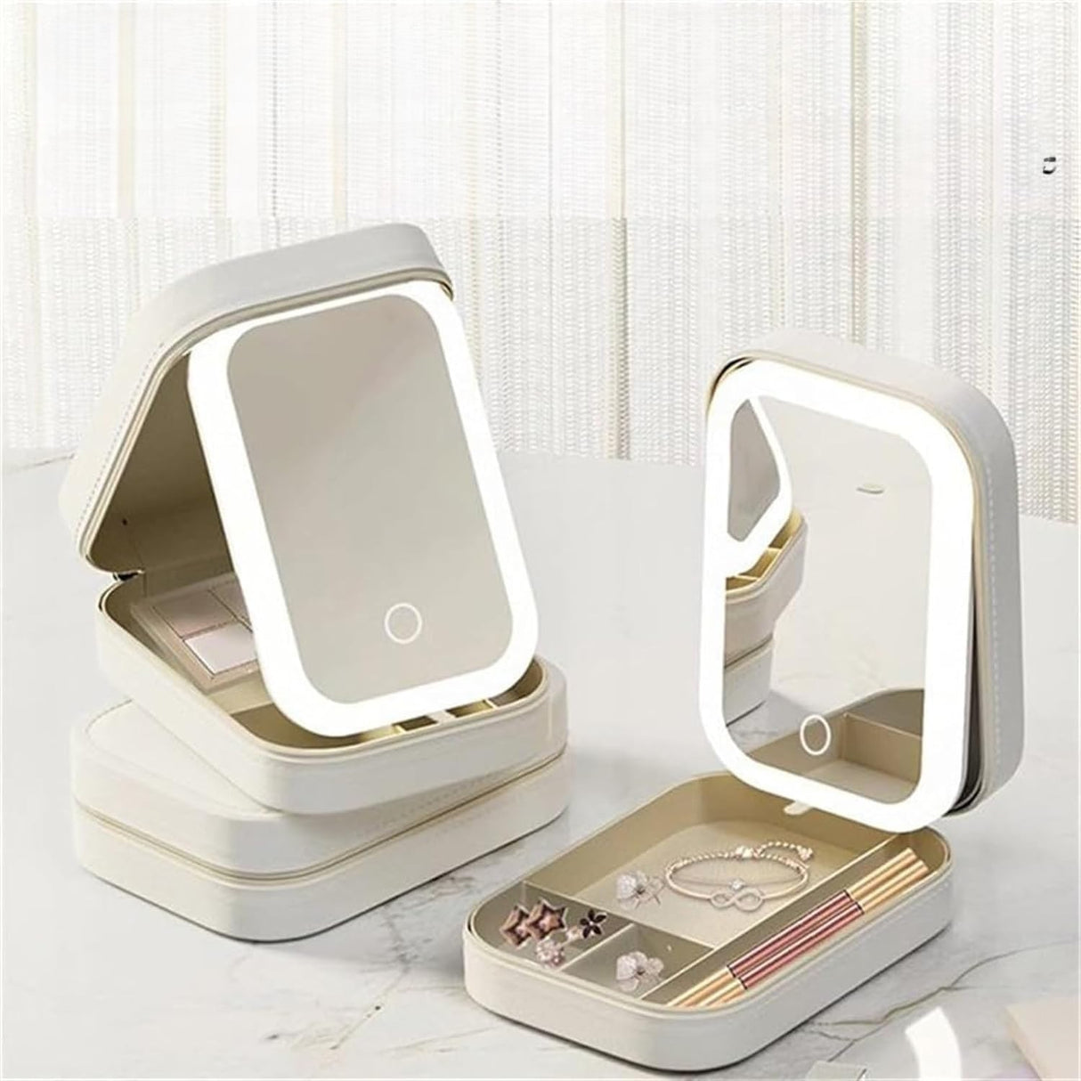 Portfard, Geanta Cosmetice, Cu Oglinda Led, 3 Moduri De Lumina, Incarcare Usb, Baterie 1200 Mah, Pentru Organizarea Cosmeticelor, 4 Compartimente, Imitatie Piele