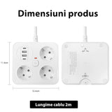 Dimensiuni prelungitor Flippy 11,4 x 12,4 cm, buton ON/OFF și prize Schuko distanțate, vedere de sus