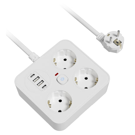 Prelungitor USB Flippy alb cu 3 prize Schuko și 4 porturi USB, vedere frontală, model birou