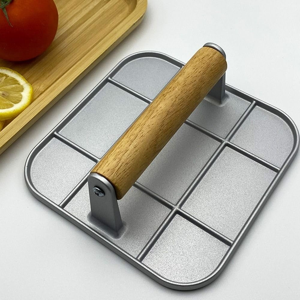 Presa Manuala Pentru Carne, Din Aliaj De Aluminiu, Maner Din Lemn, Presa Pentru Burgeri, Usor De Curatat Si Folosit, Patrata, 16X16X6 Cm, Gri - vivimall.ro