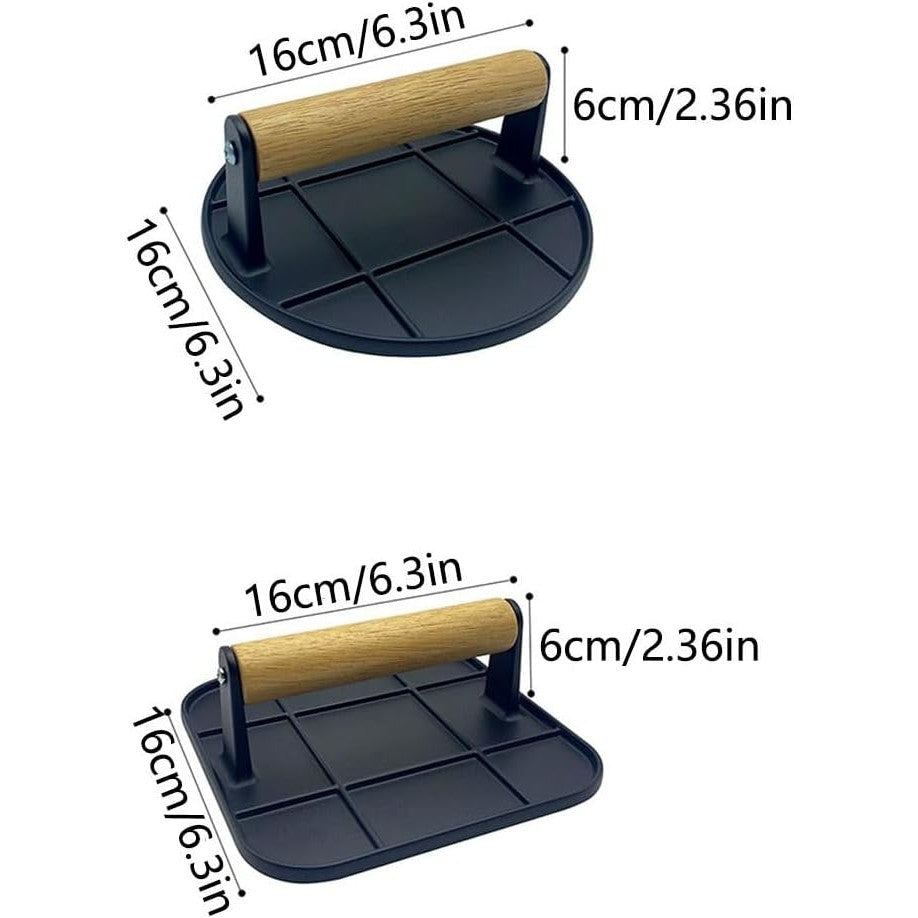 Presa Manuala pentru Carne, Vivimall, din Aliaj de Aluminiu, Maner din Lemn, Presa pentru Burgeri, Usor de Curatat si Folosit, Rotunda, 16x16x6 cm, Neagra - vivimall.ro