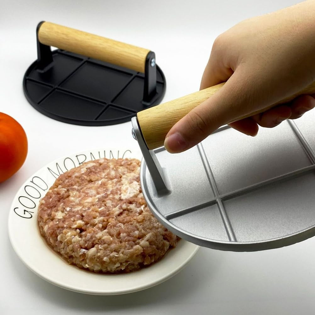 Presa Manuala Pentru Carne, Din Aliaj De Aluminiu, Maner Din Lemn, Presa Pentru Burgeri, Usor De Curatat Si Folosit, Rotunda, 16X16X6 Cm, Neagra - vivimall.ro