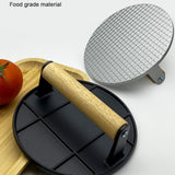 Presa Manuala Pentru Carne, Din Aliaj De Aluminiu, Maner Din Lemn, Presa Pentru Burgeri, Usor De Curatat Si Folosit, Rotunda, 16X16X6 Cm, Neagra - vivimall.ro
