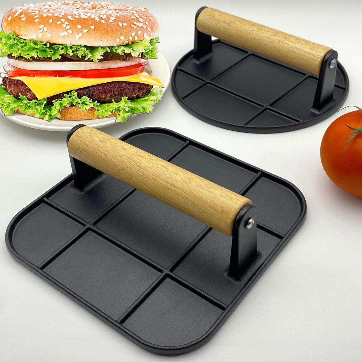 Presa Manuala Pentru Carne, Din Aliaj De Aluminiu, Maner Din Lemn, Presa Pentru Burgeri, Usor De Curatat Si Folosit, Rotunda, 16X16X6 Cm, Neagra - vivimall.ro
