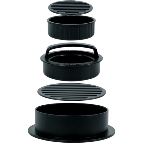 Presa Dubla Pentru Hamburgeri 2 In 1, Forma Si Presa, Doua Dimensiuni, Cu Maner, Usor De Curatat Si Folosit, Material Abs, 100 De Foi Hartie De Copt Incluse, 13X13.5X7 Cm, Fara Lipire, Neagra - vivimall.ro