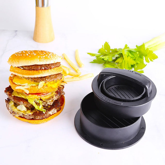 Presa Dubla Pentru Hamburgeri 3 In 1, Forma Si Presa, Cu Maner, Usor De Curatat Si Folosit, 13X13X7 Cm, Fara Lipire, Neagra - vivimall.ro