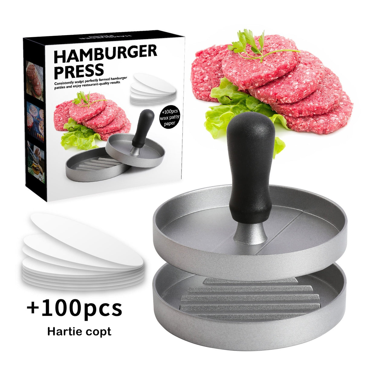 Presa manuala pentru burgeri Vivimall, material ABS si aluminiu, forma si presa, usor de curatat si folosit, 11.7 x 8.5 cm, gri - vivimall.ro