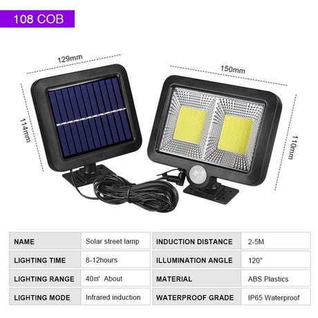 Lampa Solara  Cu Senzor De Miscare, 108 Cob Led, 2 Grile, Ip65, Negru - vivimall.ro