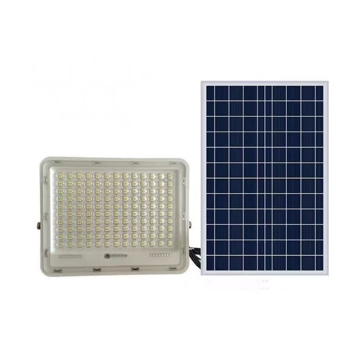 Proiector LED cu Panou Solar Flippy, Senzor de lumina Waterproof, 100W, 23x18 cm, suport U inclus, panou afisaj nivel baterie, telecomanda, 220V, Design Modern, Alb