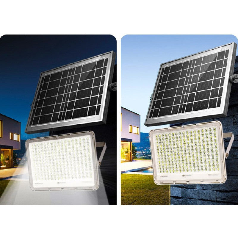 Proiector Led Cu Panou Solar, Senzor De Lumina Waterproof, 200W, 29X23 Cm, Suport U Inclus, Panou Afisaj Nivel Baterie, Telecomand, 220V, Design Modern, Alb - vivimall.ro